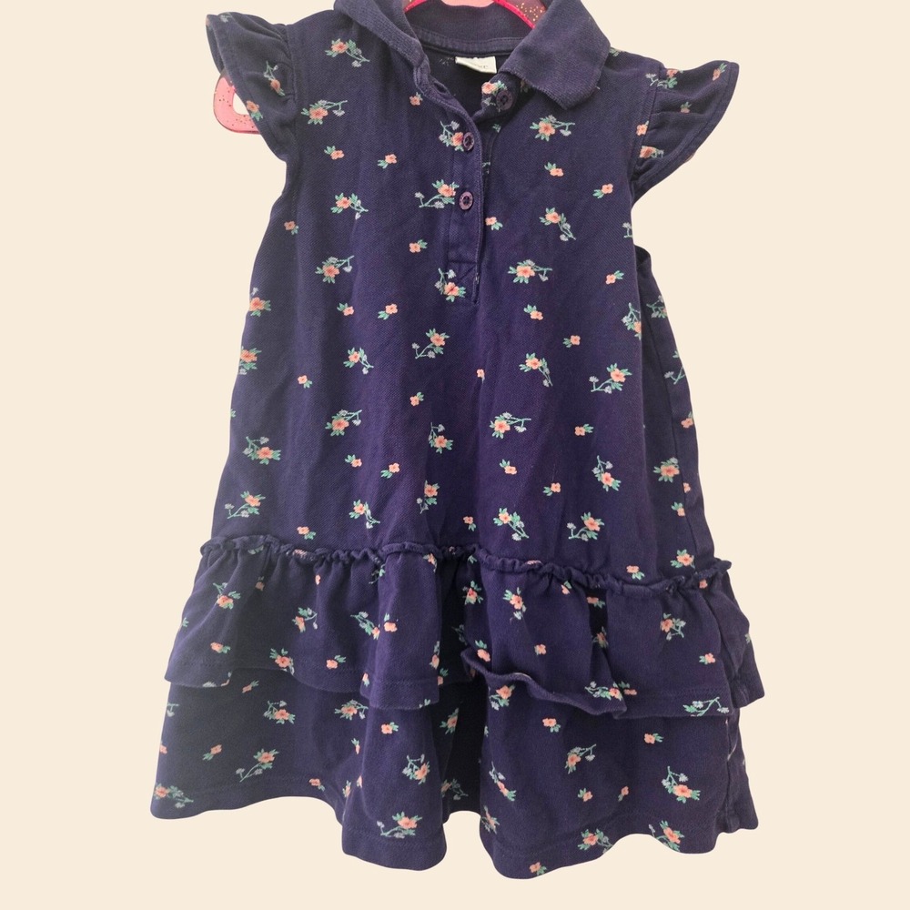 Next Girls Navy Blue Floral Cotton Pique Polo Dress Flutter Sleeve 3-4 Years